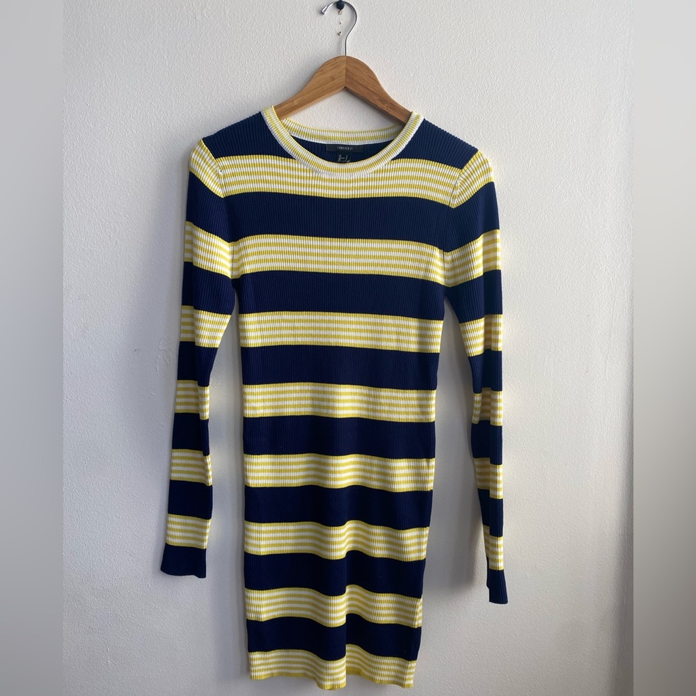 NWT forever 21 bodycon Longsleeve Knit Blue and Yellow Stripe dress Size L